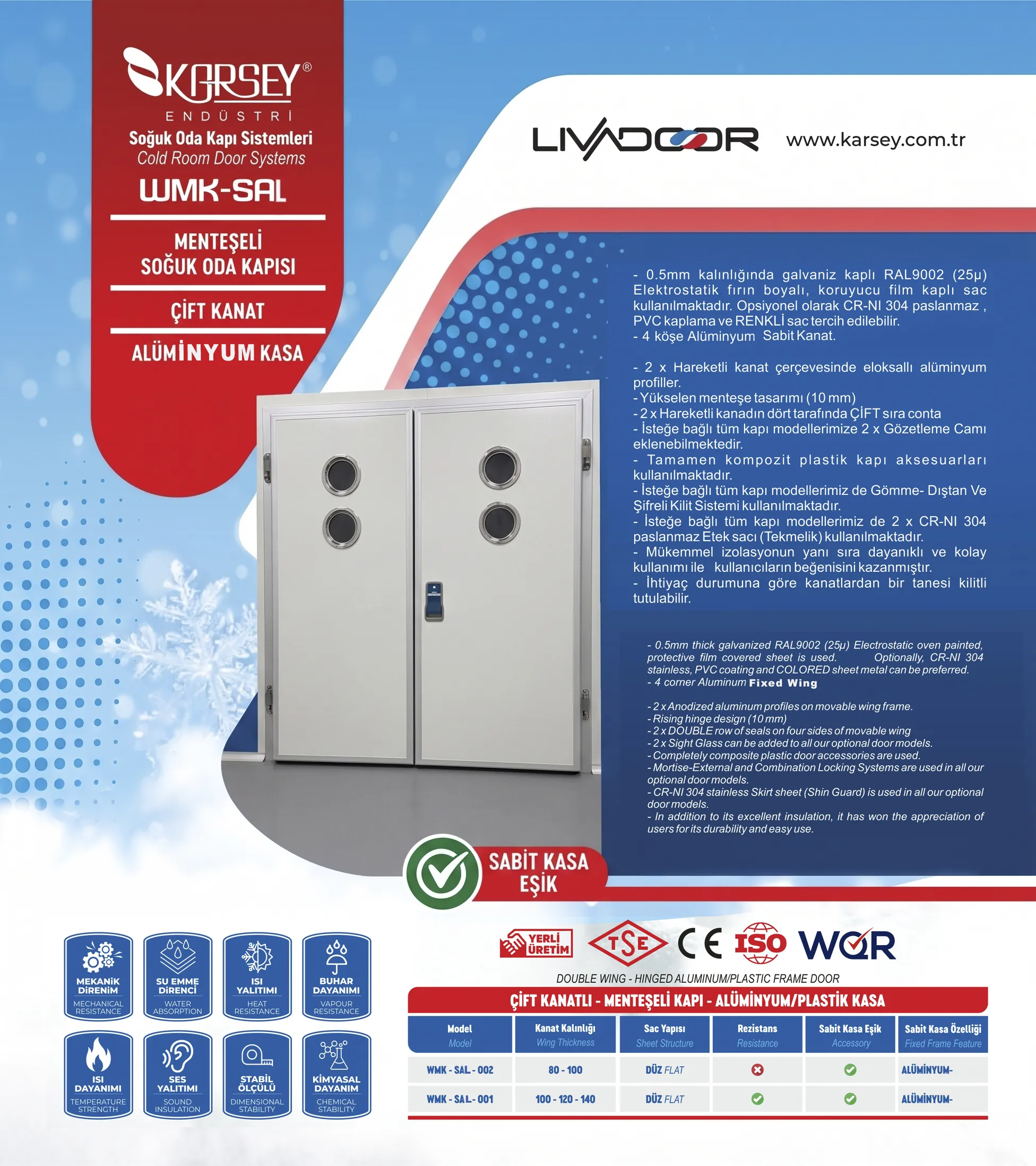 LIVADOOR Double Wing Hinged Cold Room Door - Aluminum Frame (WMK-SAL)