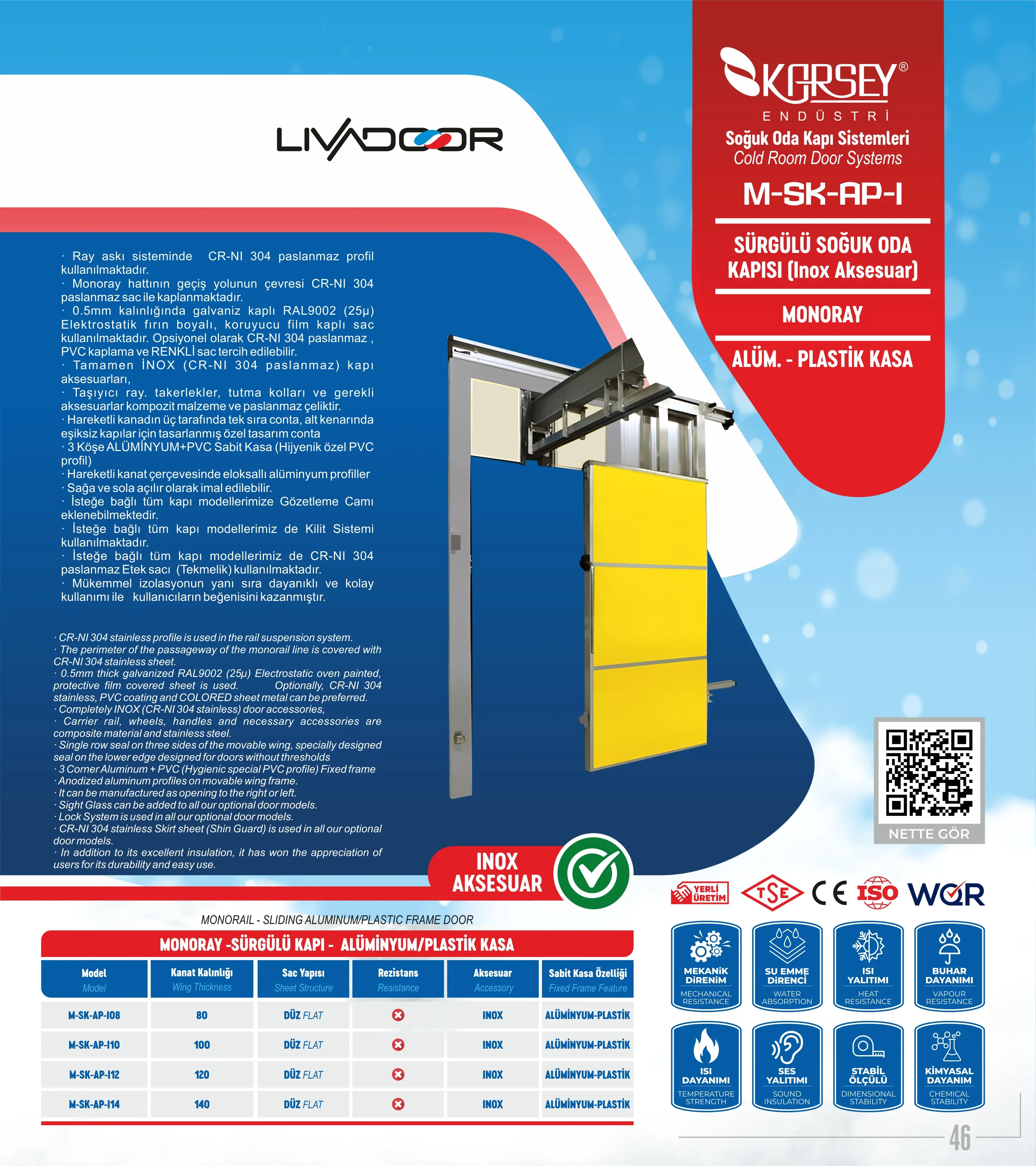 Karsey Endüstri Monoray Sürgülü Soğuk Oda Kapısı (İnox Aksesuarlı) M-SK-AP-I