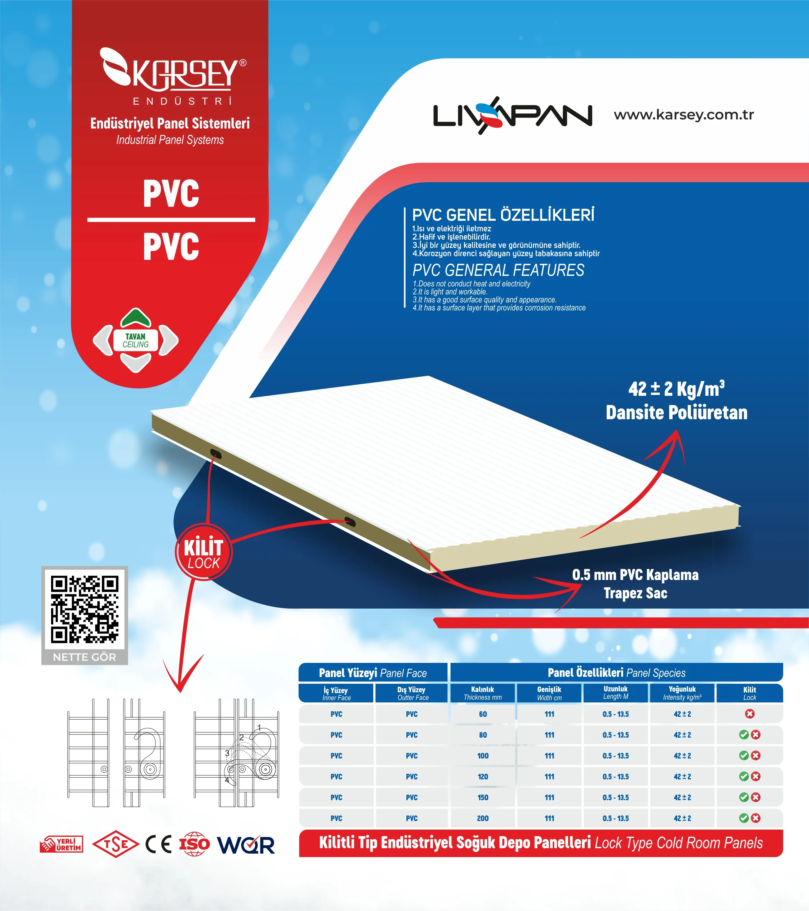 PVC Kaplamalı Kilitli Soğuk Oda Tavan Paneli | Yüksek Yoğunluklu Poliüretan